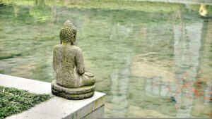 A stone Buddha statue by a contemplative pond with koi.