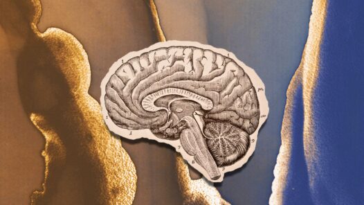 An etched drawing of the right side of the brain on a gold and blue background. Learn about FTD in this episode.