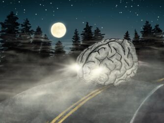 A brain "driving" down a dark foggy road at night with dark trees and moon in the background. Listen to the S3E46 episode about brain fog. (https://everyonedies.org)