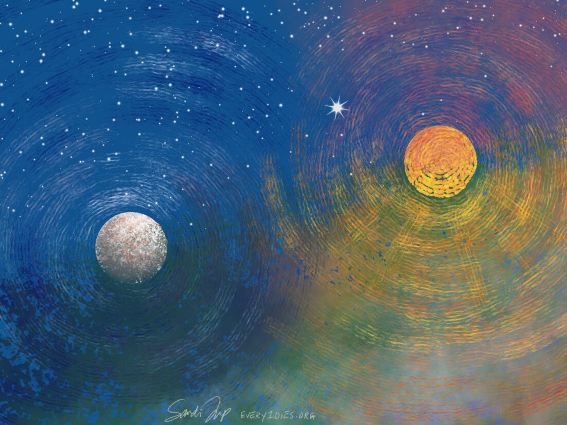 A setting sun and rising moon, representing the cycle of death and life. Where the sun is setting in one place, it is rising in another. Learn about how to tell a person with dementia that a loved one has died in this episode. https://every1dies.org