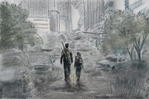 Two characters - Joel and Ellie - walk in the ruins of an overgrown, abandoned city street. A scene from The Last of Us, as we talk about Candida auris, a fungus that can be dangerous for some people