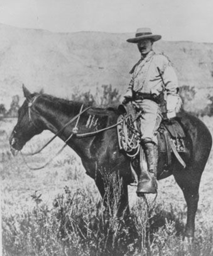 Theodore Roosevelt on a horse, circa 1885
