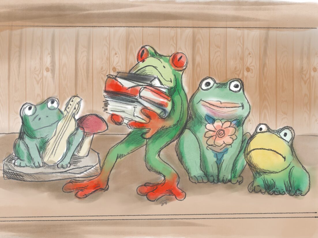 A frog collection on a shelf. We talk about getting rid of stuff in this episode https://everyonedies.org