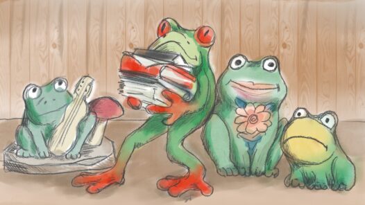 A frog collection on a shelf. We talk about getting rid of stuff in this episode https://everyonedies.org