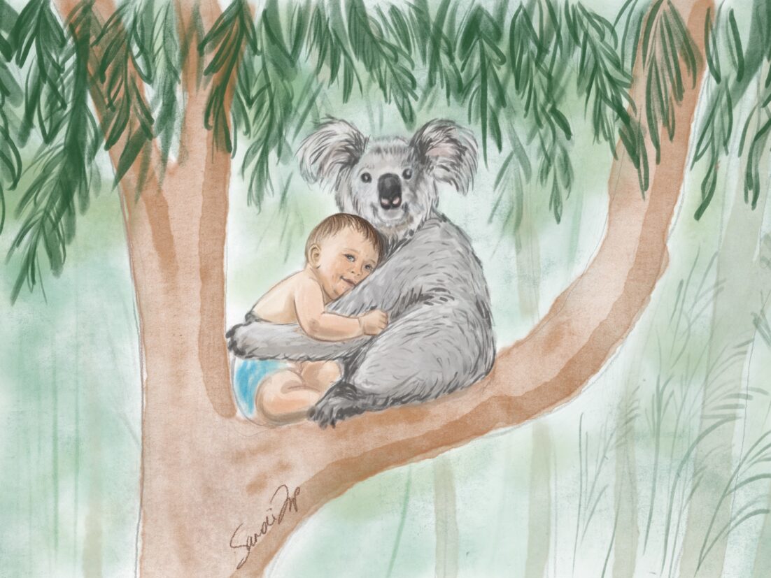 A baby in the arms of a koala. Dame Edna told the story of her daughter Lois who was abducted by a "rogue koala" - featured in this episode https://every1dies.org