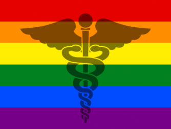 A rainbow LGTBQ+ flag with a medical caduceus over it. Learn about inclusive and compassionate care in this episode
