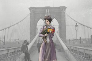 A sketch of Emily Warren Roebling carrying a rooster across the Brooklyn Bridge for good luck. Learn about overlooked obituaries in this podcast https://every1dies.org