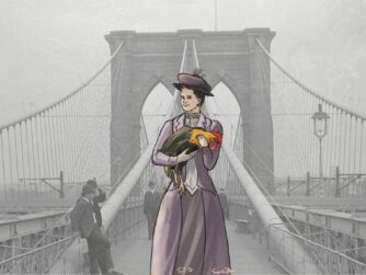 A sketch of Emily Warren Roebling carrying a rooster across the Brooklyn Bridge for good luck. Learn about overlooked obituaries in this podcast https://every1dies.org