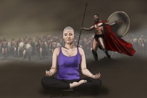 A woman with cancer meditating while King Leonidas rallies his Spartans for a battle in the background, a metaphor for illness and choosing a different way to consider it than a "fight"