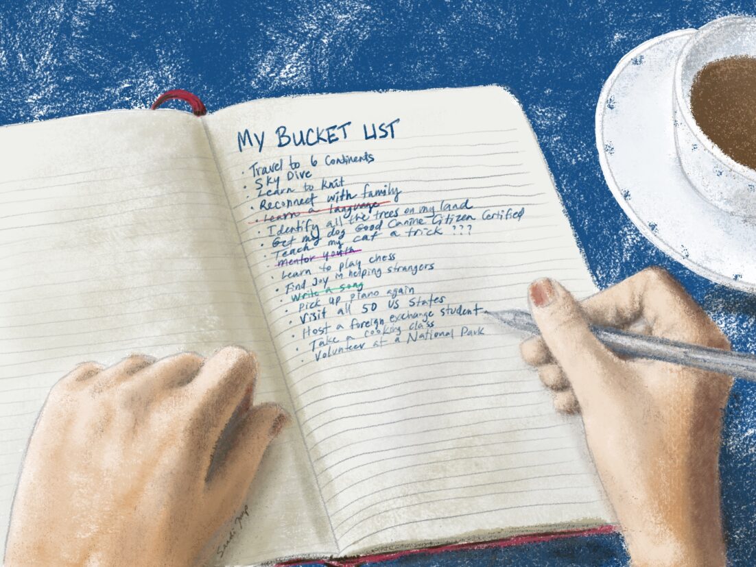 A closeup of hands writing in a journal page titled "My Bucket List" with several items below it. Listen to S4E24 to learn about why it is good to have a bucket list