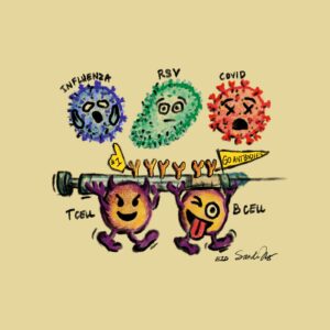Emoji T-Cell and B-Cell (with attitude) carrying a vaccine syringe with antibodies on top, sporting a finger #1 and pennant saying "Go Antibodies". 3 viruses - the influenza, RSV, and COVID - have fear, surprise and "I'm dead" emojis on their faces. Get a rundown of important fall vaccines in this episode, especially for immune-compromised individuals. https://every1dies.org