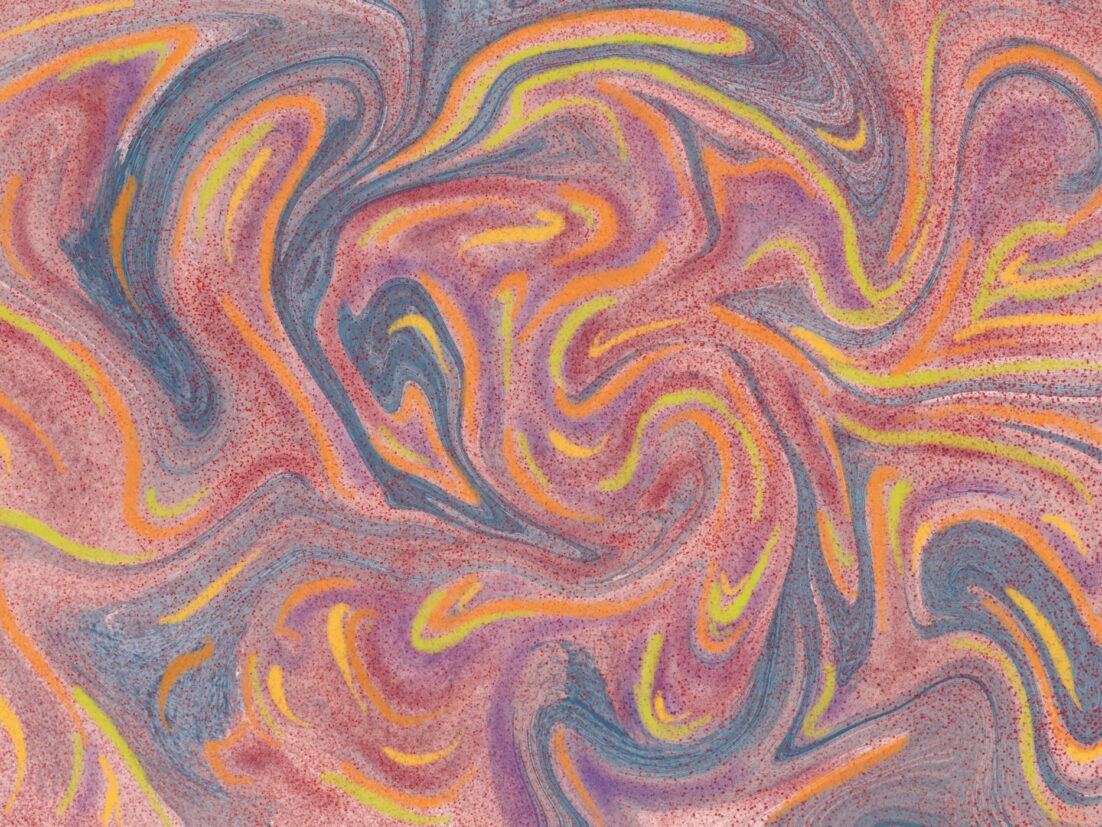A swirling image of pink and blue with highlights of yellow, orange and red