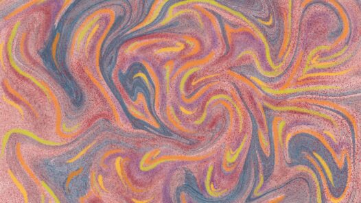 A swirling image of pink and blue with highlights of yellow, orange and red