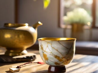 A Japanese teacup repaired with kintsugi resting on a wooden table with afternoon sunlight. Learn about how grief can be similar with gilded hope in this episode. https://every1dies.org
