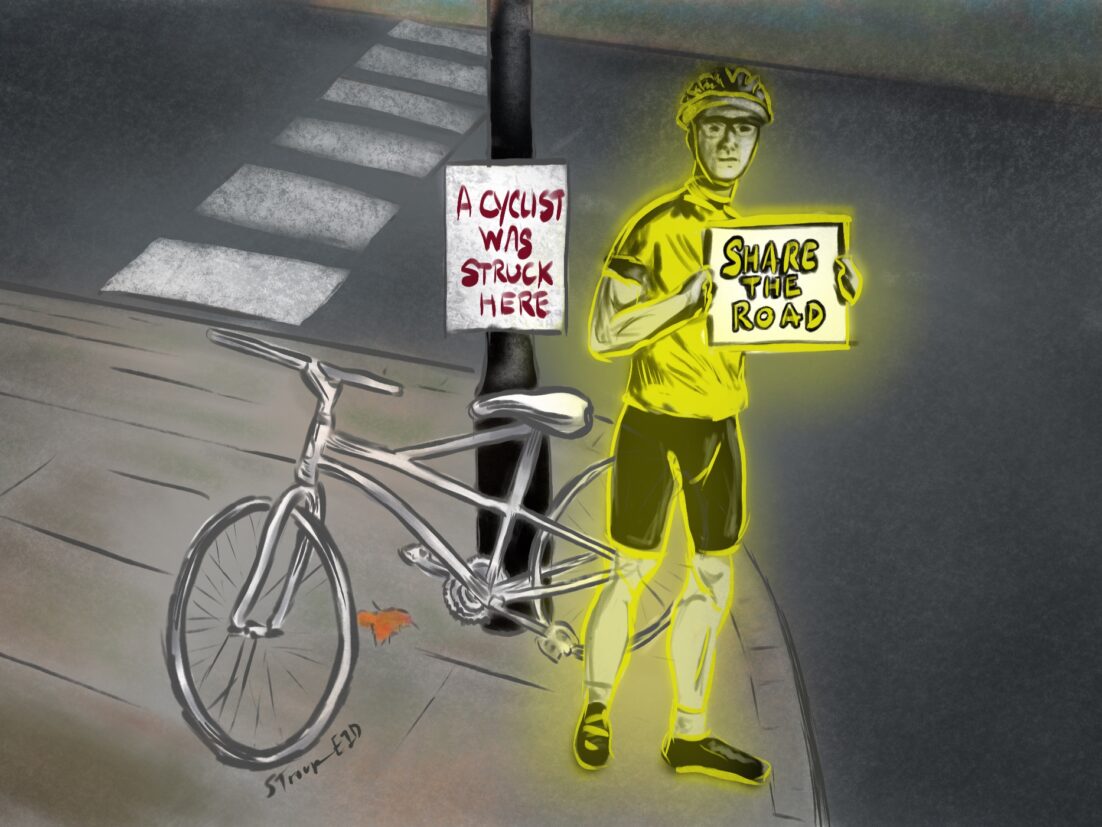 A bike painted white left as a "ghost bike" shrine alerting others to the location of where a cyclist was struck by a motorist. An actual ghost of the deceased is holding a sign saying "share the road"