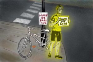 A bike painted white left as a "ghost bike" shrine alerting others to the location of where a cyclist was struck by a motorist. An actual ghost of the deceased is holding a sign saying "share the road"