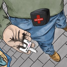 A person carrying Naloxone (Narcan) spray. A person is sleeping on the street. We talk about why you should consider carrying naloxone in this episode. https://everyonedies.org