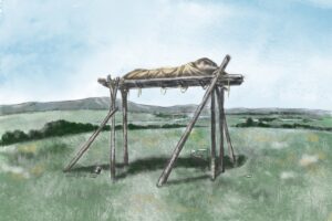 A wrapped body on a scaffold, painting in watercolor. Scaffolds were used by some Native American tribes in the plains as part of their funeral customs, but now the mainstream method is burial. We talk about Native American beliefs in this episode.