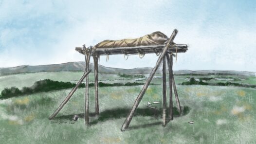 A wrapped body on a scaffold, painting in watercolor. Scaffolds were used by some Native American tribes in the plains as part of their funeral customs, but now the mainstream method is burial. We talk about Native American beliefs in this episode.