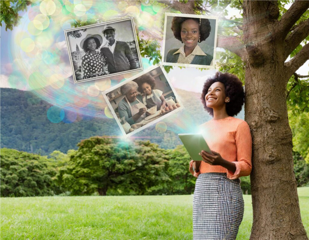 A young African American woman reviewing the digital memories of a deceased loved one as part of a digital memorial