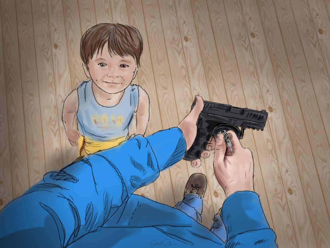 A young child looks on as a parent puts a trigger lock on a handgun. We talk about firearm safety in this episode