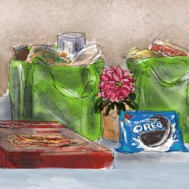 Groceries on a counter including frozen lasagna and Oreos. We talk about grief groceries as a help in this episode
