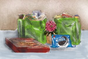 Groceries on a counter including frozen lasagna and Oreos. We talk about grief groceries as a help in this episode