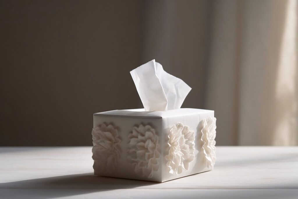A decorative box of tissue. Simple household items like tissue and toilet paper can be helpful things to add to grief groceries.