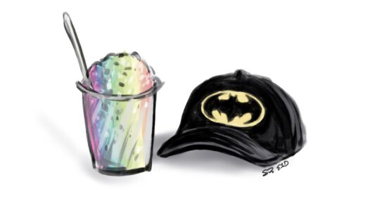 A black hat with Batman logo and a cup of rainbow-flavored shaved ice (snow cone), representing the last wishes of the 5 year old featured in S5E7 which also talks about hospice decisions. https://every1dies.org