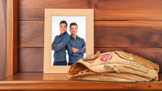 A wooden shelf with a photograph of two brothers and a worn baseball mitt. We talk about grieving the death of a sibling in this episode.