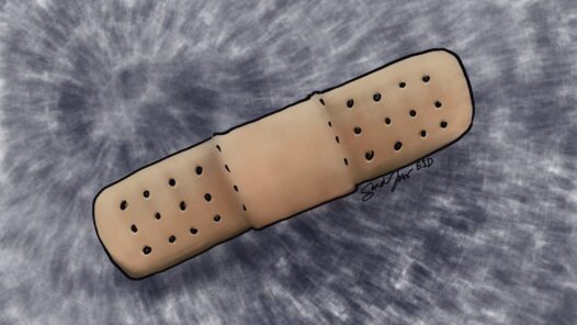 A band-aid on a blue background. We talk about how unmanaged pain can be harmful in this episode. https://every1dies.org