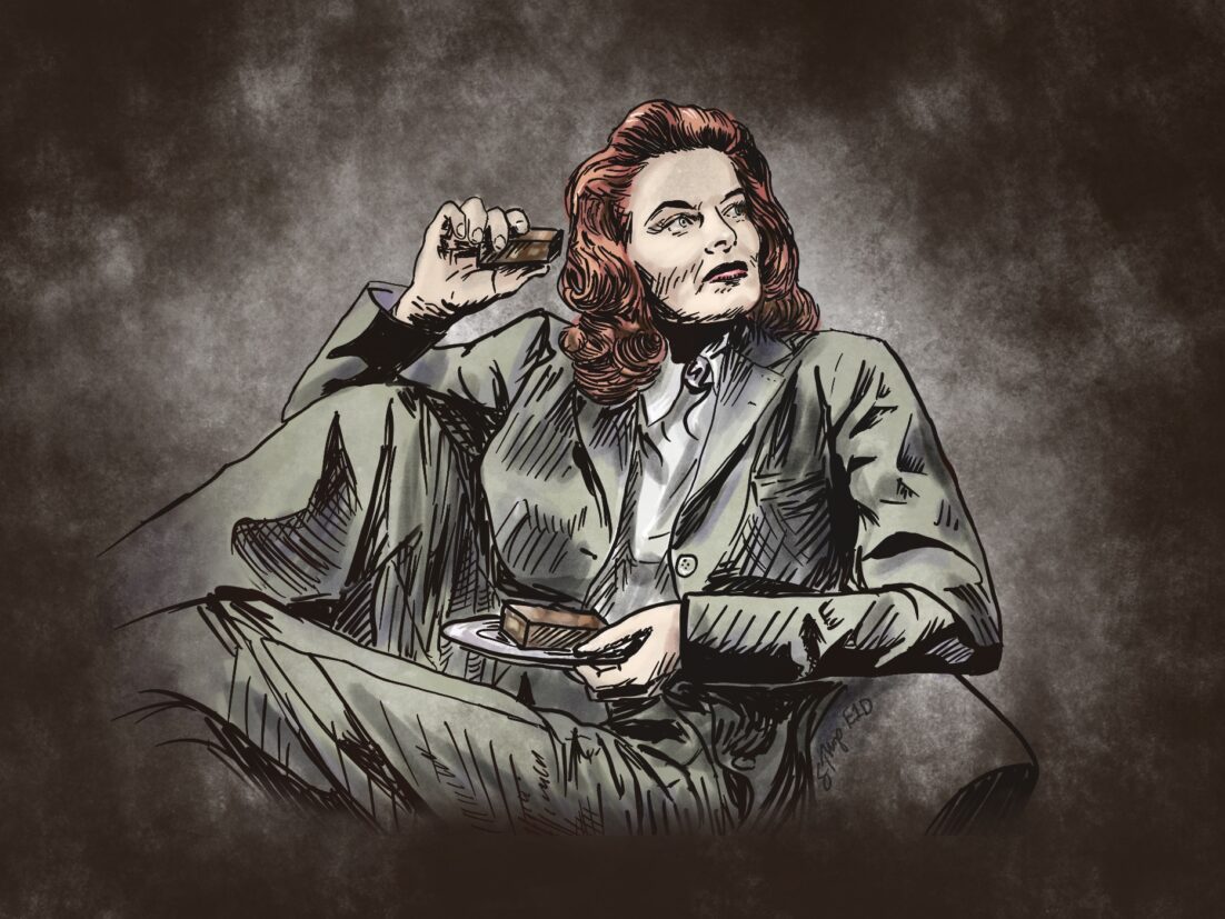 An ink and watercolor drawing of Katherine Hepburn lounged on a chair enjoying one of her famous brownies. We talk about safe pain management (and Ms. Hepburn's brownie recipe) in this episode. https://every1dies.org