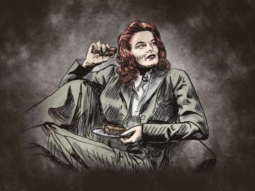 An ink and watercolor drawing of Katherine Hepburn lounged on a chair enjoying one of her famous brownies. We talk about safe pain management (and Ms. Hepburn's brownie recipe) in this episode. https://every1dies.org