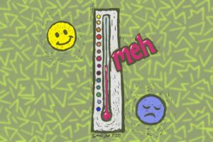 An emotion thermometer with a happy emoji at the top and sad face at the bottom. The "temperature" is right in the middle, with the words "meh"