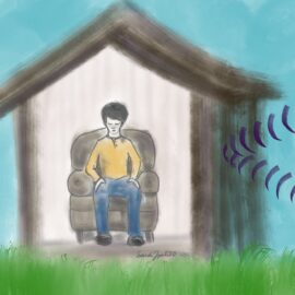 A sad person sitting on a chair alone in a house. Sound waves are coming in, but bouncing off the house. We talk about hearing loss and the social isolation it can cause, especially when someone choses not to use hearing aids. We also talk about the relationship of hearing loss to dementia in this episode. https://every1dies.org