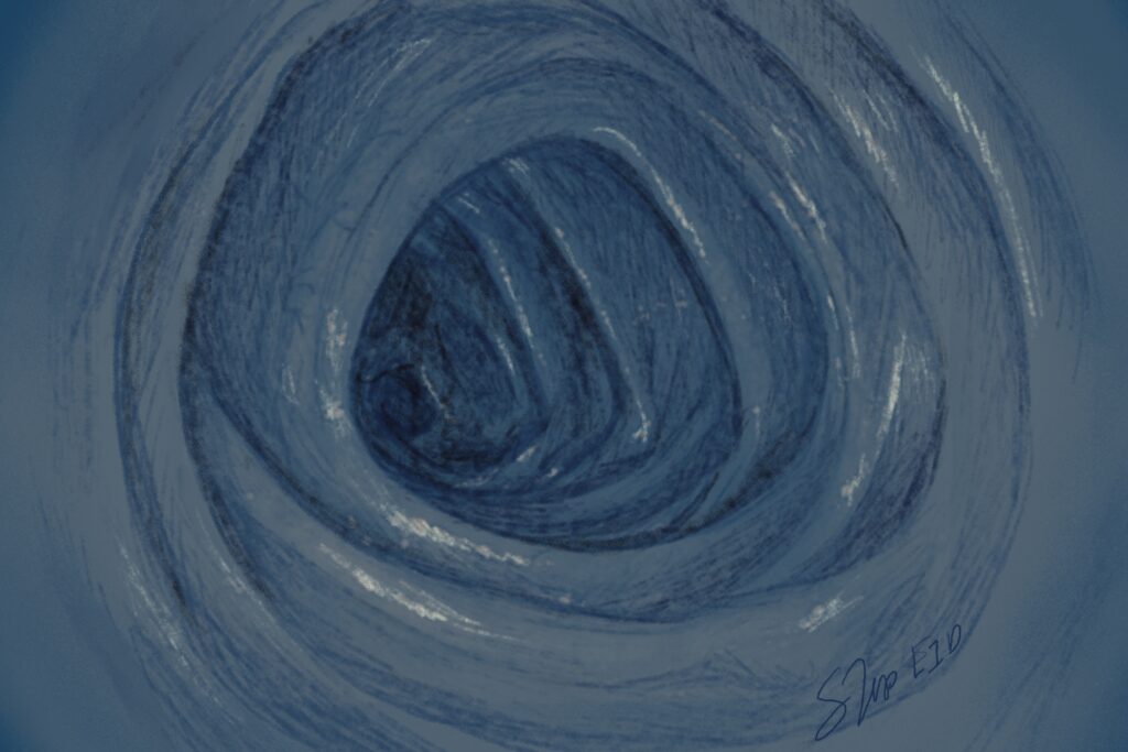 A stylized view of the colon as seen in a colonoscopy. It has been recolored blue - the ribbon color for colorectal cancer and awareness