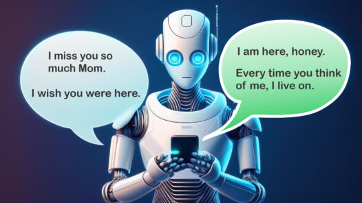 A robot responding to an "I miss you Mom" chat. We talk about AI and chatbots as surrogates for deceased in this episode. https://every1dies.org