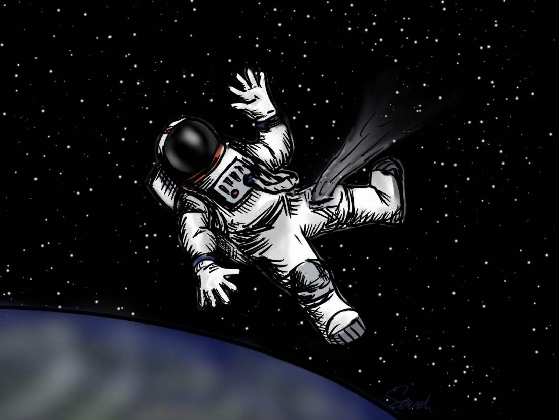 An astronaut in a space suit with a leak