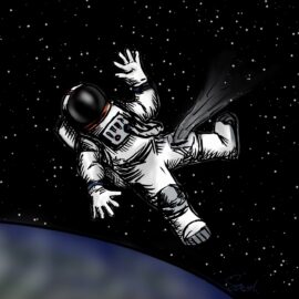 An astronaut in a space suit with a leak