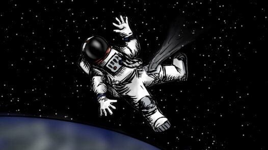 An astronaut in a space suit with a leak