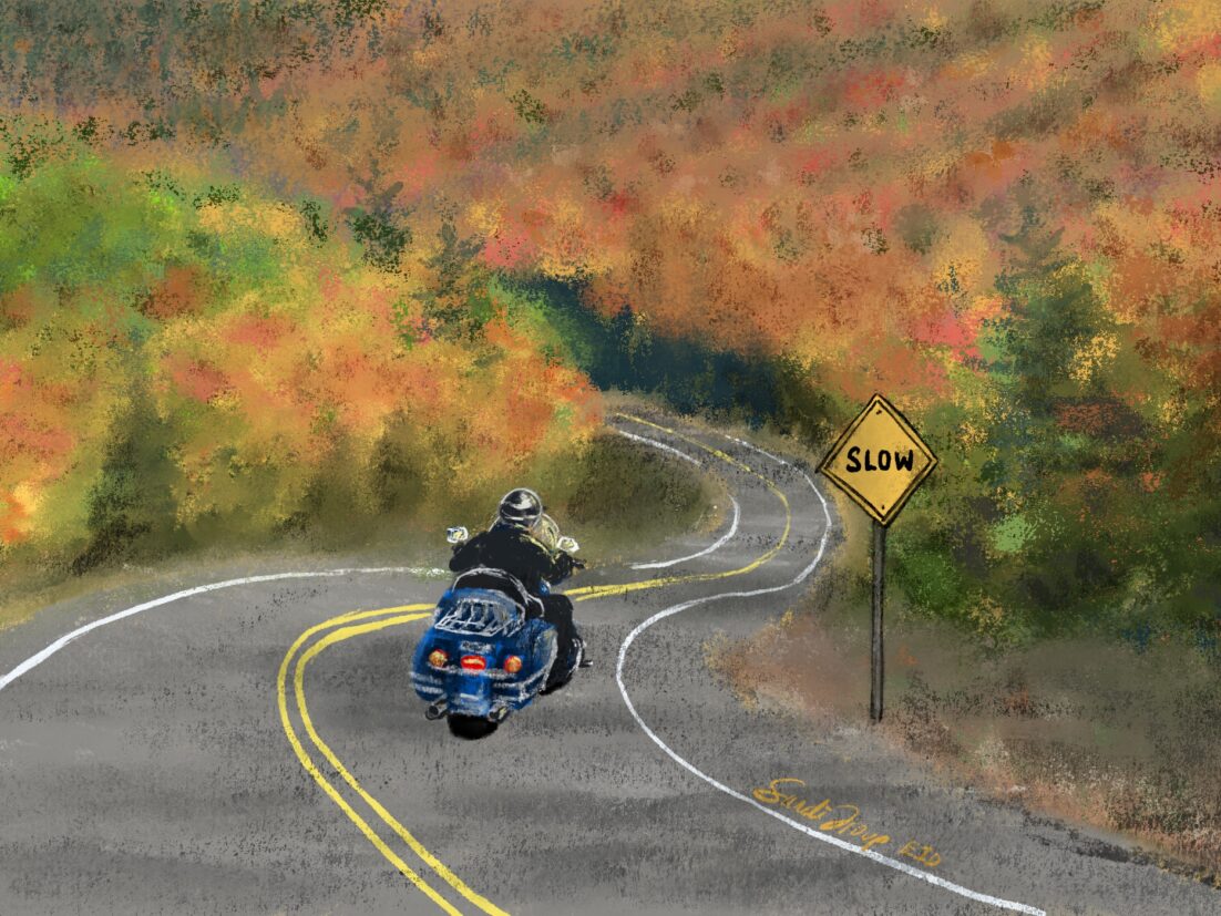 A motorcycle rider taking a leisurely ride through a scenic fall landscape. We talk about taking the "slow road" to death by making healthy life choices. https://every1dies.org