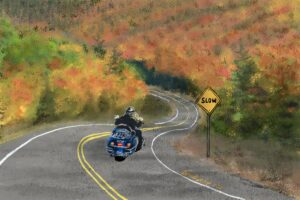A motorcycle rider taking a leisurely ride through a scenic fall landscape. We talk about taking the "slow road" to death by making healthy life choices. https://every1dies.org