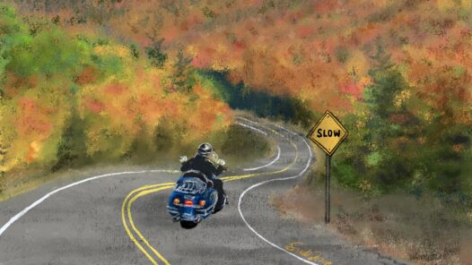 A motorcycle rider taking a leisurely ride through a scenic fall landscape. We talk about taking the "slow road" to death by making healthy life choices. https://every1dies.org