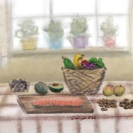 A kitchen table with salmon, avocado, walnuts, almonds, blueberries, apples and a fruit basket. We talk about healthy food choices in this episode. https://every1dies.org