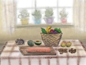 A kitchen table with salmon, avocado, walnuts, almonds, blueberries, apples and a fruit basket. We talk about healthy food choices in this episode. https://every1dies.org