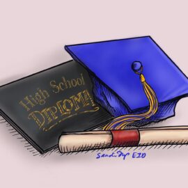 A high school graduation cap, gown, and diploma. We talk about how education is associated with longevity in this episode