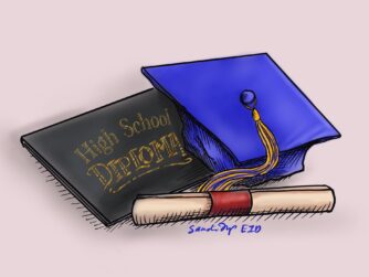 A high school graduation cap, gown, and diploma. We talk about how education is associated with longevity in this episode