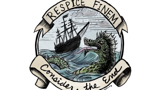 A ship at sea approaching a fabled sea creature. In Latin, Respice Finem, which means, Consider the End. It is a reminder to ponder our mortality and legacy.