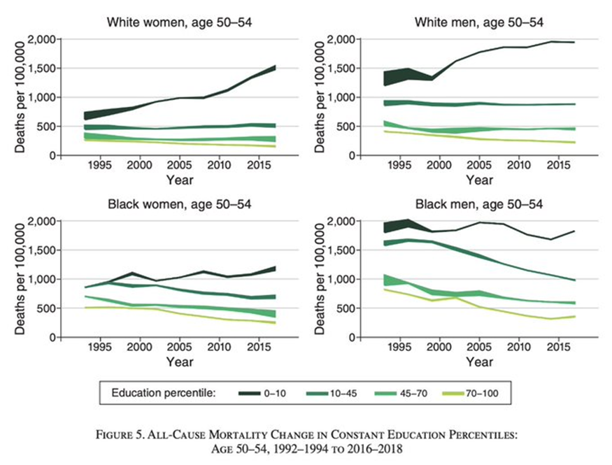 A series of charts that show all-cause mortality change in education percentiles. The lowest 10th percentile of education has the highest mortality rate