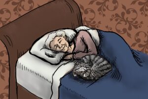 An elderly woman on her bed, peacefully sleeping. A grey tabby cat is curled up beside her. We talk about living a long and healthy life with shortened decline at the end in this episode. https://every1dies.org